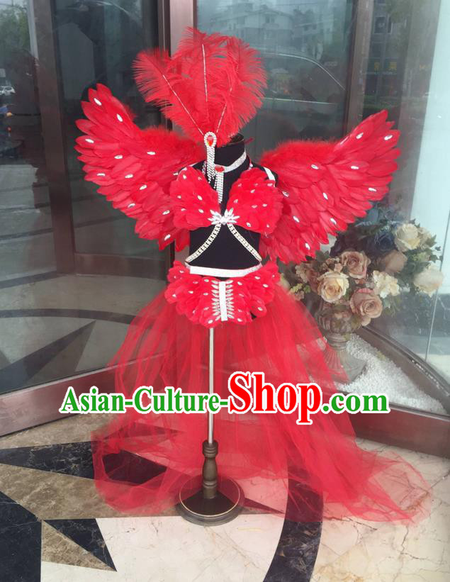 Top Grade Professional Performance Catwalks Costume Red Feather Bikini with Wings, Traditional Brazilian Rio Carnival Samba Dance Modern Fancywork Swimsuit Clothing for Kids