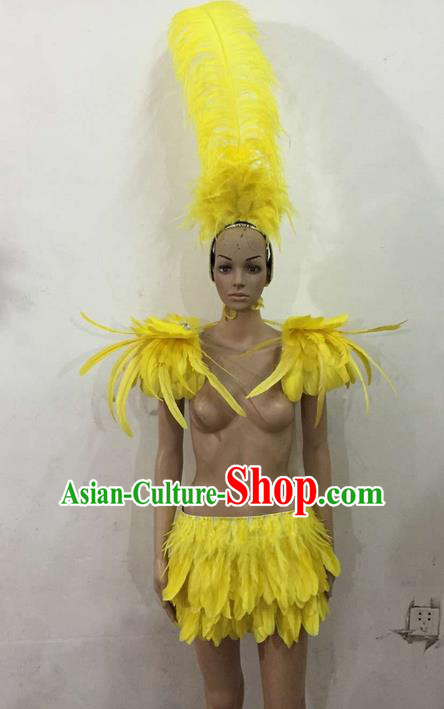 Top Grade Professional Performance Catwalks Costume Yellow Feather Bikini, Traditional Brazilian Rio Carnival Samba Dance Modern Fancywork Swimsuit Clothing for Women
