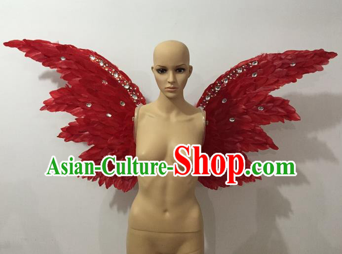 Top Grade Professional Stage Show Halloween Parade Red Feather Wings Accessories, Brazilian Rio Carnival Samba Dance Modern Fancywork Decorations Props for Women