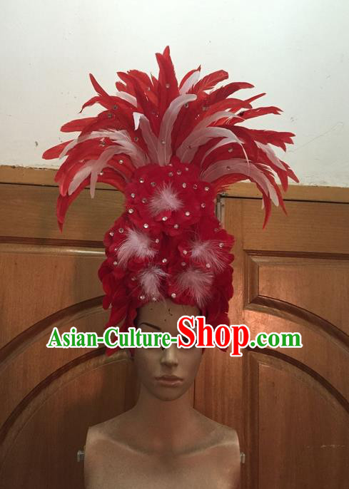 Top Grade Professional Stage Show Halloween Parade Red Ostrich Feather Big Hair Accessories, Brazilian Rio Carnival Samba Dance Modern Fancywork Hat Headwear for Women