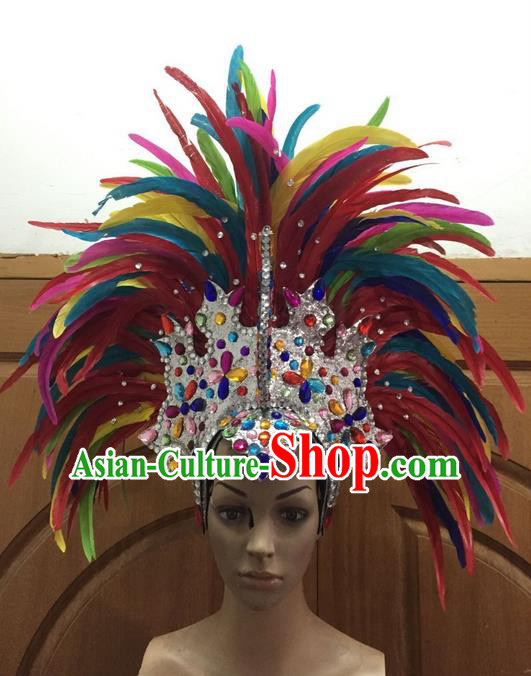 Top Grade Professional Stage Show Halloween Parade Colorful Feather Big Hair Accessories, Brazilian Rio Carnival Samba Dance Modern Fancywork Crystal Headdress for Women