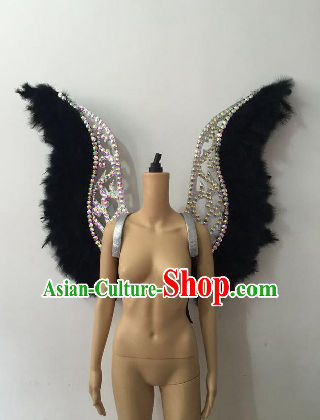 Top Grade Professional Stage Show Halloween Parade Black Feather Backplane, Brazilian Rio Carnival Samba Dance Modern Fancywork Golden Wings Props Decorations for Women