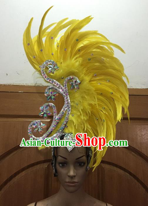 Top Grade Brazilian Rio Carnival Samba Dance Hair Accessories, Halloween Parade Giant Yellow Feather Headpiece for Women