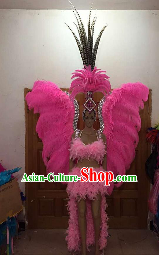 Top Grade Professional Performance Catwalks Costume Pink Feather Bikini and Wings, Traditional Brazilian Rio Carnival Samba Dance Modern Fancywork Swimsuit Clothing for Women