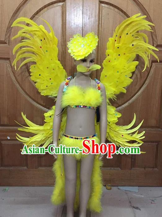 Top Grade Professional Performance Catwalks Costume Yellow Feather Bikini and Wings, Traditional Brazilian Rio Carnival Samba Dance Modern Fancywork Swimsuit Clothing for Women