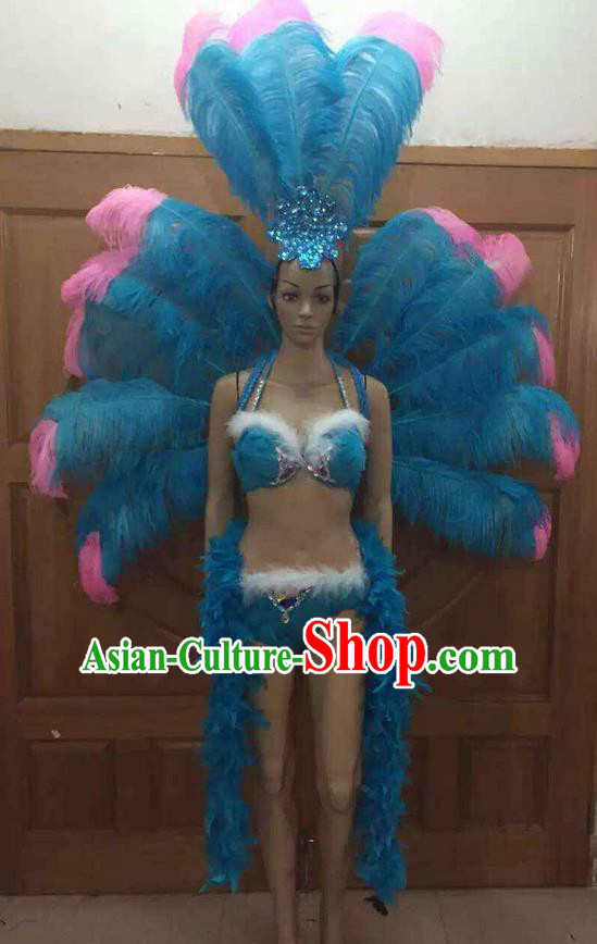 Top Grade Professional Performance Catwalks Costume Blue Feather Bikini with Wings, Traditional Brazilian Rio Carnival Samba Dance Clothing and Headpiece for Women