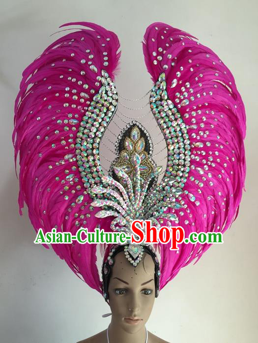 Top Grade Brazilian Rio Carnival Samba Dance Hair Accessories Headwear, Halloween Parade Rosy Feather Headpiece for Women
