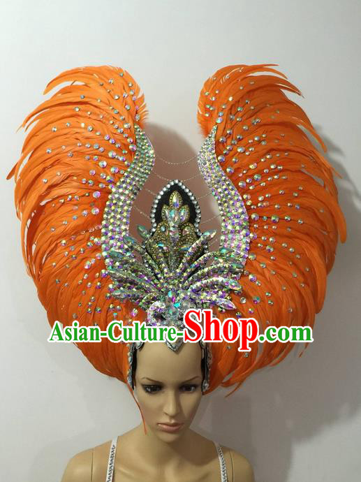 Top Grade Brazilian Rio Carnival Samba Dance Hair Accessories Headwear, Halloween Parade Orange Feather Headpiece for Women