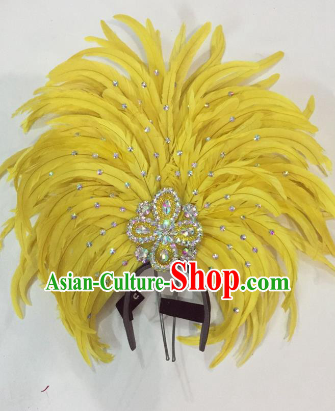 Top Grade Brazilian Rio Carnival Samba Dance Hair Accessories Giant Headpiece Headwear, Halloween Parade Big Yellow Feather Headdress for Women