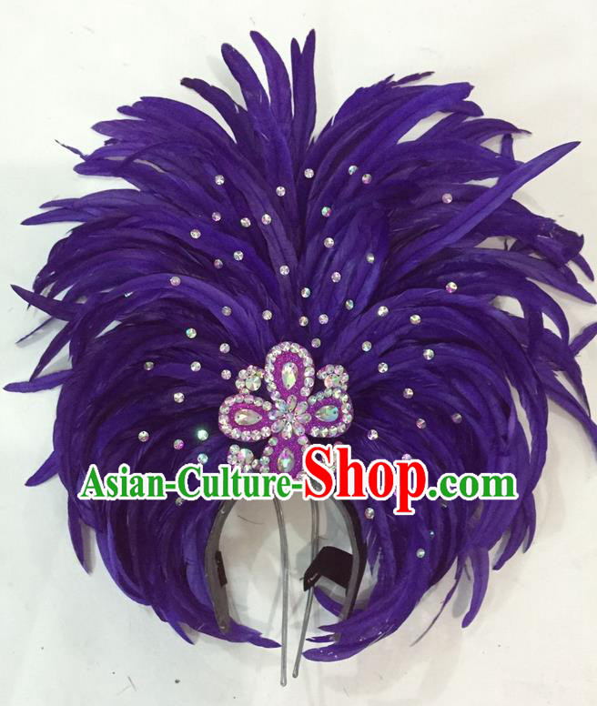 Top Grade Brazilian Rio Carnival Samba Dance Hair Accessories Giant Headpiece Headwear, Halloween Parade Big Purple Feather Headdress for Women