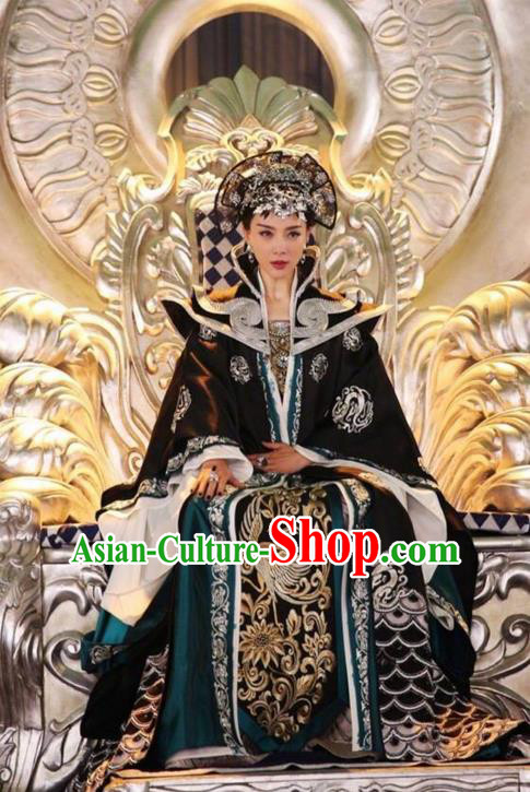 Traditional Ancient Chinese Tang Dynasty Imperial Empress Costume and Handmade Headpiece Complete Set, Fighter of the Destiny Queen Embroidered Phoenix Clothing
