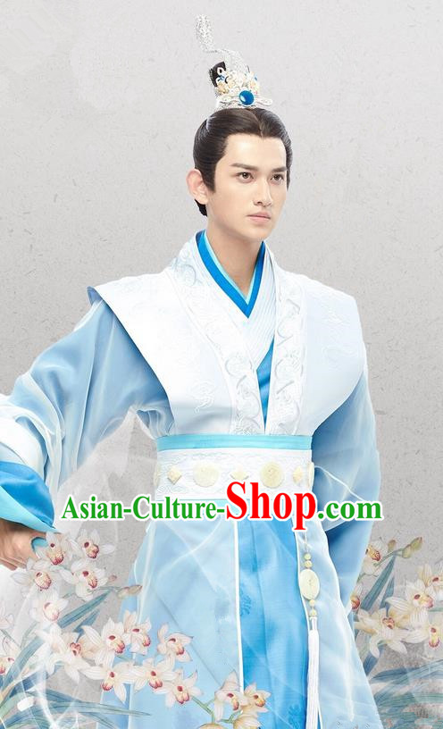 Traditional Chinese Ancient Warring States Time Nobility Childe Costumes, Song of Phoenix Chu State Dandies Hanfu Clothing and Handmade Headpiece Complete Set