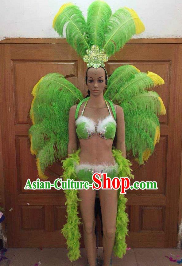 Top Grade Professional Performance Catwalks Costume Green Feather Bikini with Wings, Traditional Brazilian Rio Carnival Samba Dance Clothing and Headpiece for Women