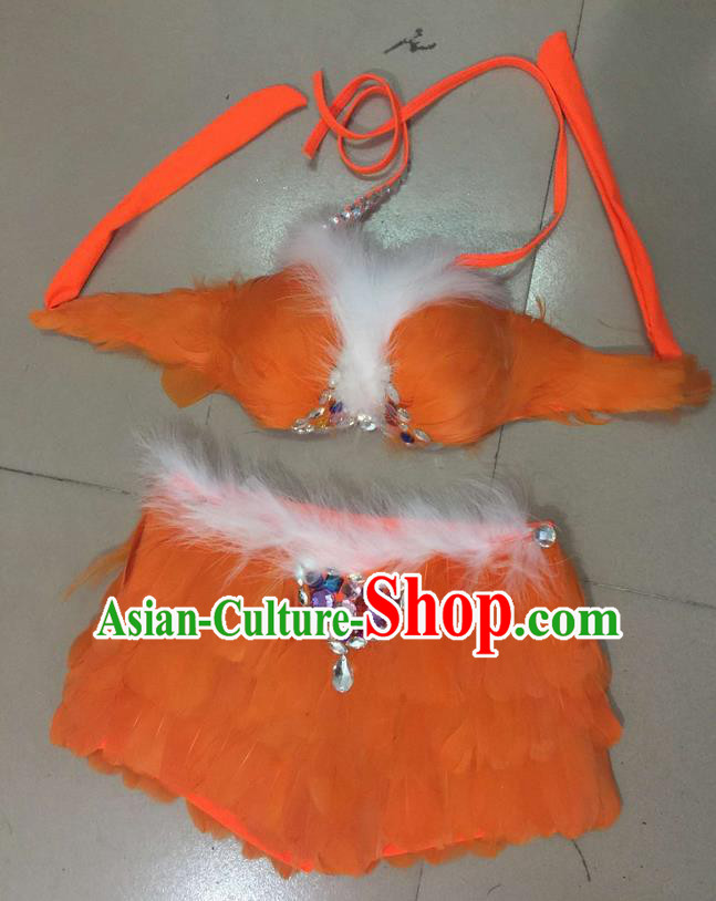 Top Grade Professional Performance Catwalks Costume Orange Feather Bikini, Traditional Brazilian Rio Carnival Samba Dance Modern Fancywork Swimsuit for Women