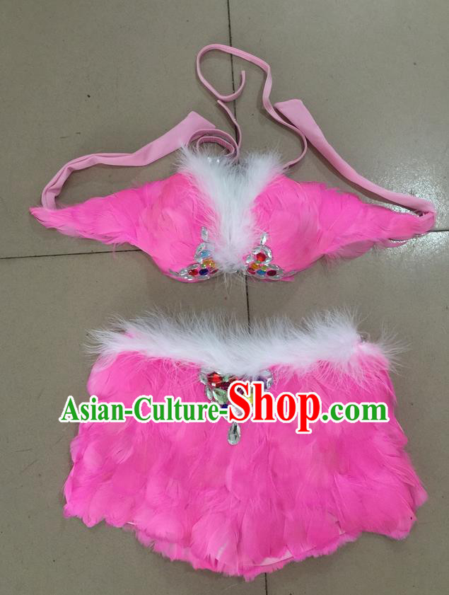 Top Grade Professional Performance Catwalks Costume Pink Feather Bikini, Traditional Brazilian Rio Carnival Samba Dance Modern Fancywork Swimsuit for Women