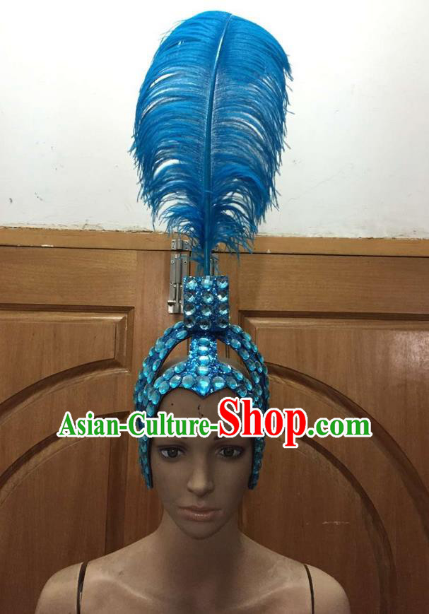 Top Grade Brazilian Rio Carnival Samba Dance Blue Feathers Hair Accessories Headpiece, Halloween Parade Feather Decorations Headwear for Women