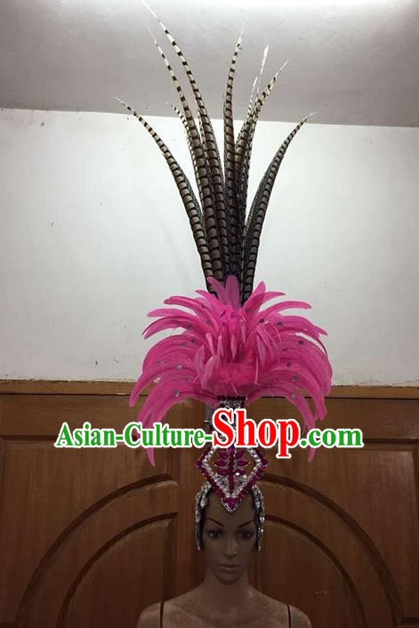 Top Grade Brazilian Rio Carnival Samba Dance Rosy Feathers Hair Accessories Deluxe Headpiece, Halloween Parade Feather Decorations Headwear for Women