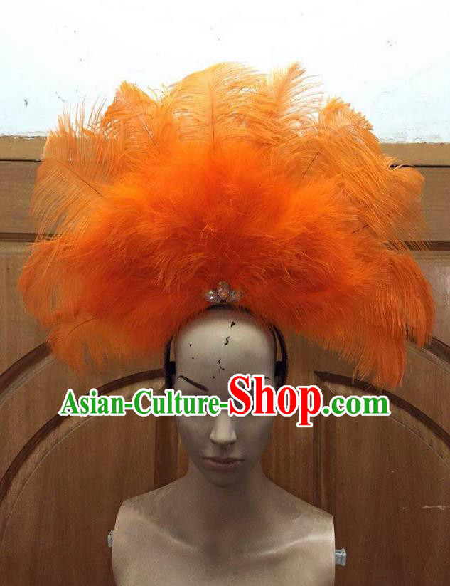 Top Grade Professional Performance Catwalks Orange Feathers Deluxe Hair Accessories, Brazilian Rio Carnival Parade Samba Dance Headdress for Women