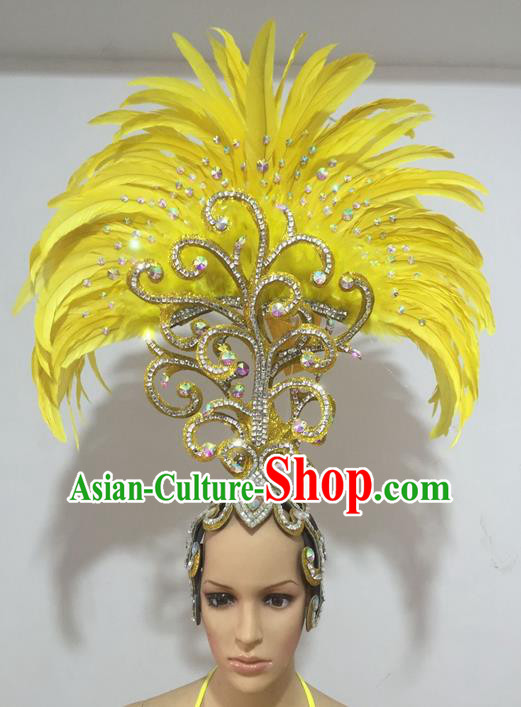 Top Grade Professional Performance Catwalks Yellow Feathers Hair Accessories, Brazilian Rio Carnival Parade Samba Dance Headdress for Women