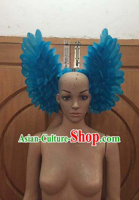 Top Grade Professional Performance Catwalks Blue Feathers Bowknot Hair Accessories, Brazilian Rio Carnival Parade Samba Dance Headpiece for Women