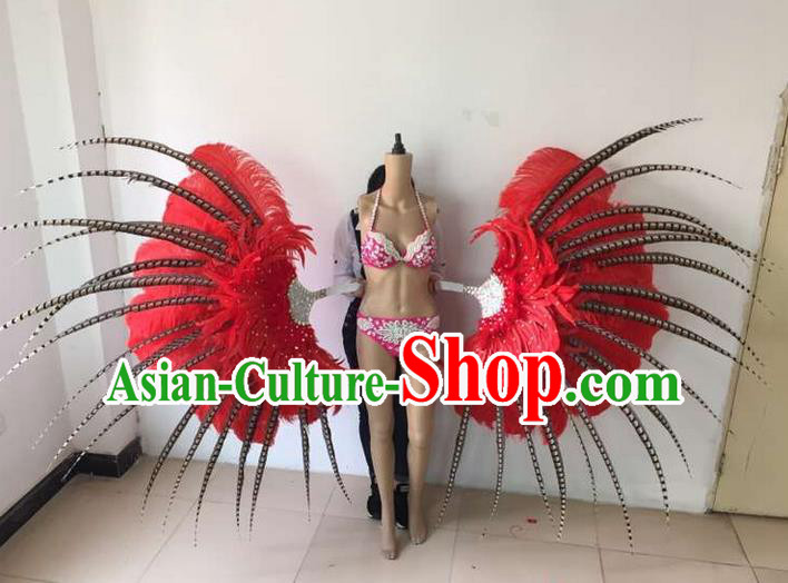 Top Grade Compere Professional Performance Catwalks Red Feathers Wings, Brazilian Rio Carnival Samba Opening Dance Modern Fancywork Feather Decorations for Women