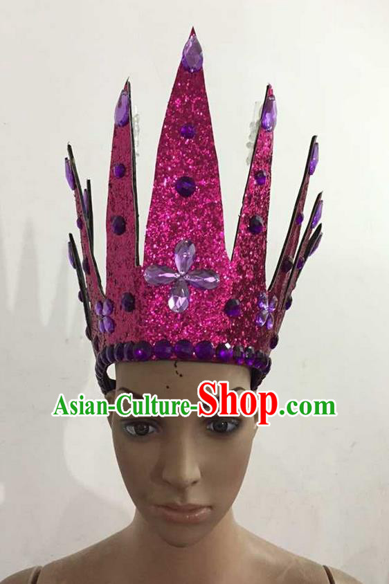 Top Grade Professional Performance Catwalks Hair Accessories, Brazilian Rio Carnival Parade Samba Dance Rosy Crystal Crown Headwear for Women