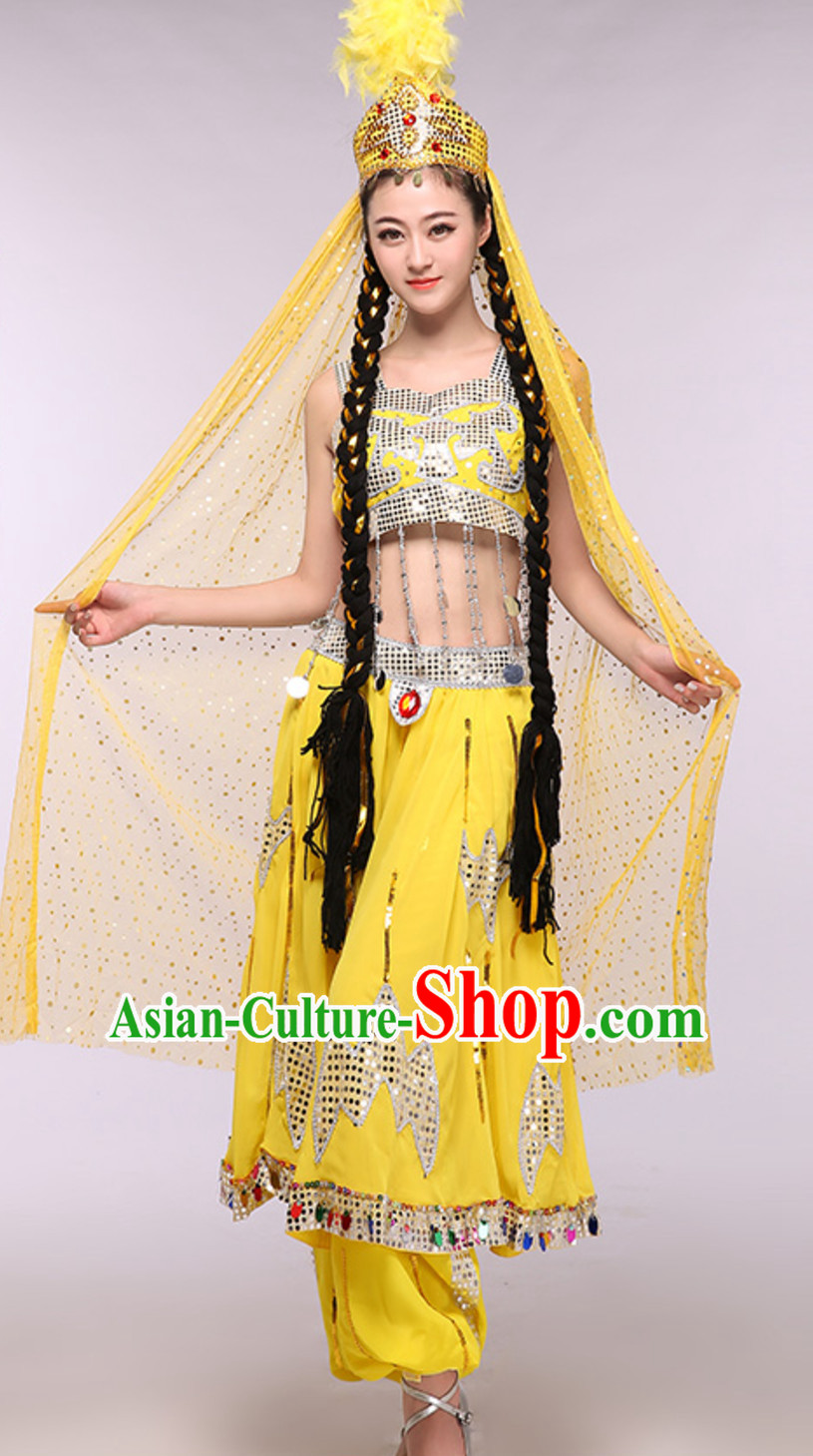 Yellow Traditional Xinjiang Folk Dance Costumes Chinese Minority Ethnic Stage Dance Outfits for Adults