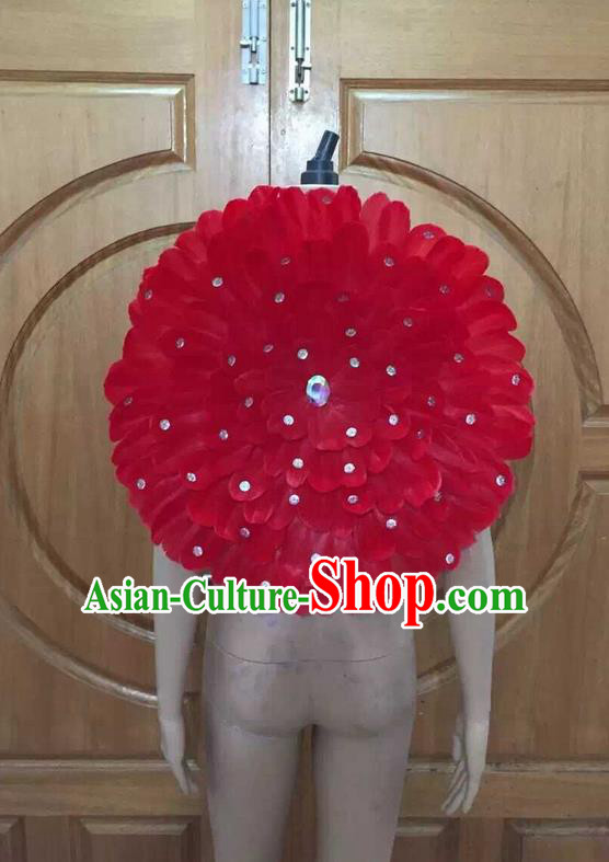Top Grade Professional Performance Catwalks Red Feathers Decorations Round Backplane, Brazilian Rio Carnival Parade Samba Dance Props for Women