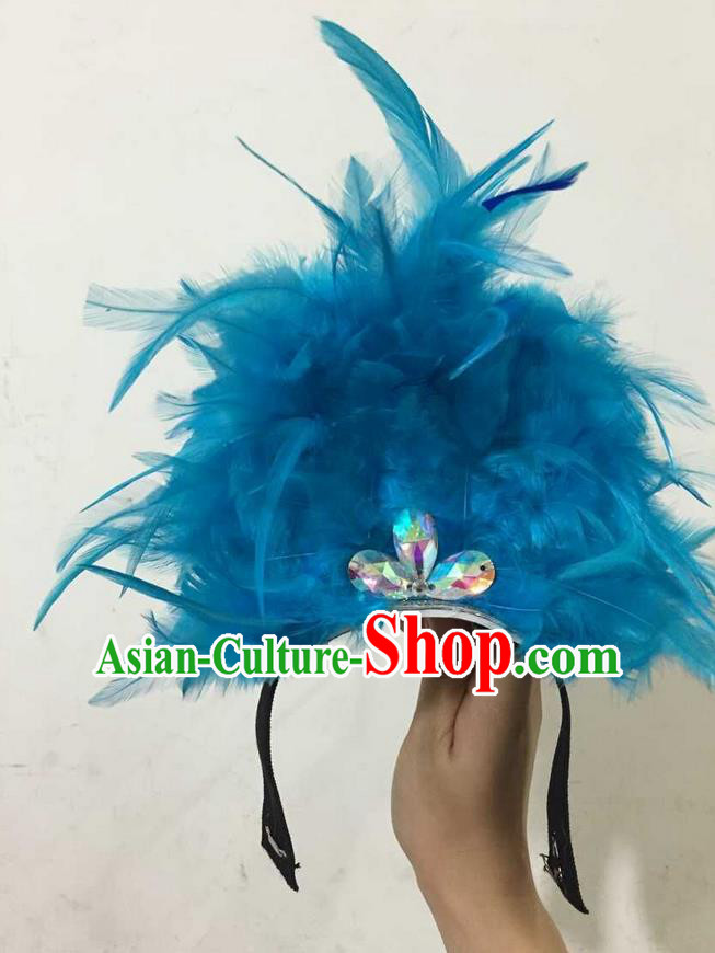 Top Grade Professional Performance Catwalks Halloween Blue Feathers Head Decorations Headpiece, Brazilian Rio Carnival Parade Samba Dance Headwear for Kids