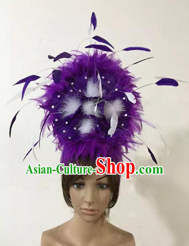 Top Grade Professional Performance Catwalks Purple Feather Hair Accessories, Brazilian Rio Carnival Parade Samba Dance Headpiece for Women