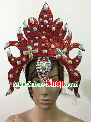 Top Grade Professional Performance Catwalks Queen Crystal Red Crown Hair Accessories, Brazilian Rio Carnival Parade Samba Dance Headpiece for Women