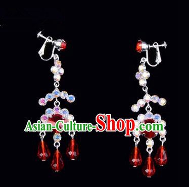 Chinese Ancient Peking Opera Head Accessories Young Lady Diva Colorful Crystal Red Earrings, Traditional Chinese Beijing Opera Hua Tan Eardrop Ear Pendants