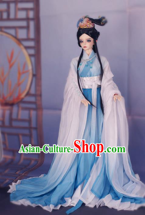 Top Grade Traditional China Ancient Female Fairy Costumes Complete Set, China Ancient Cosplay Tang Dynasty Princess Blue Dress Hanfu Clothing for Adults and Kids