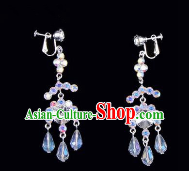 Chinese Ancient Peking Opera Head Accessories Young Lady Diva Colorful Crystal White Earrings, Traditional Chinese Beijing Opera Hua Tan Eardrop Ear Pendants