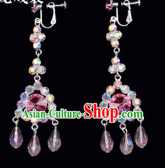 Chinese Ancient Peking Opera Head Accessories Young Lady Diva Colorful Crystal Pink Tassel Earrings, Traditional Chinese Beijing Opera Hua Tan Ear Pendants