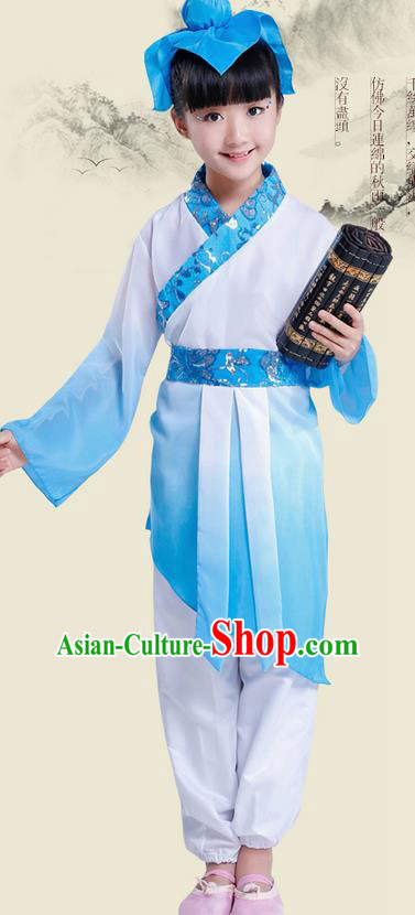 Top Grade Chinese Ancient Scholar Costume and Headwear Complete Set, Children Disciple Gauge Performance Blue Clothing for Kids