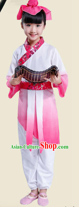 Top Grade Chinese Ancient Scholar Costume and Headwear Complete Set, Children Disciple Gauge Performance Pink Clothing for Kids