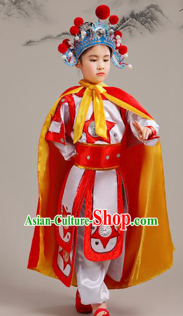Top Grade Chinese Peking Opera Blues Soldier Costume Complete Set, Children Beijing Opera General Clothing for Kids