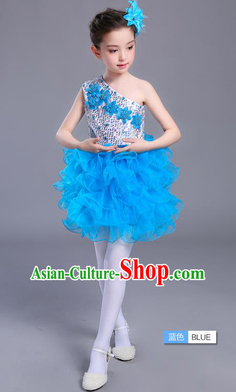 Top Grade Chinese Professional Performance Jazz Dance Costume, Children Modern Dance One-shoulder Blue Bubble Dress for Kids