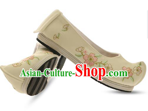Chinese Ancient Peking Opera Young Lady Shoes, Traditional Chinese Beijing Opera Ancient Princess Hanfu Cloth Beige Shoes for Women