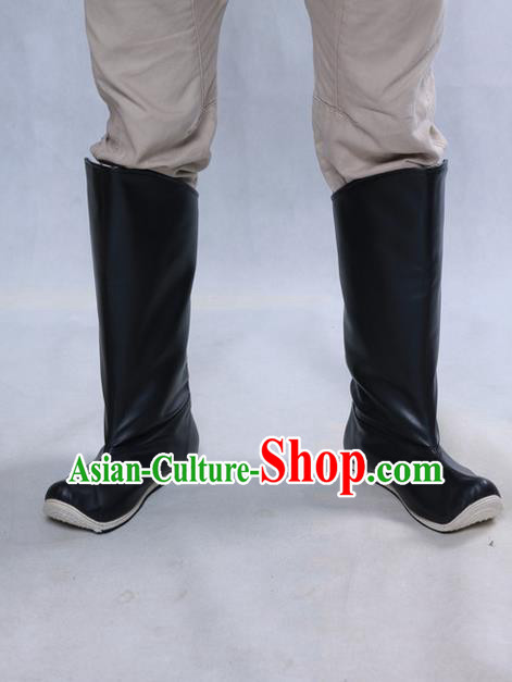 Chinese Ancient Peking Opera Officer Boots, Traditional Chinese Ancient Ming Dynasty Hanfu Leather Shoes Black Boots for Men
