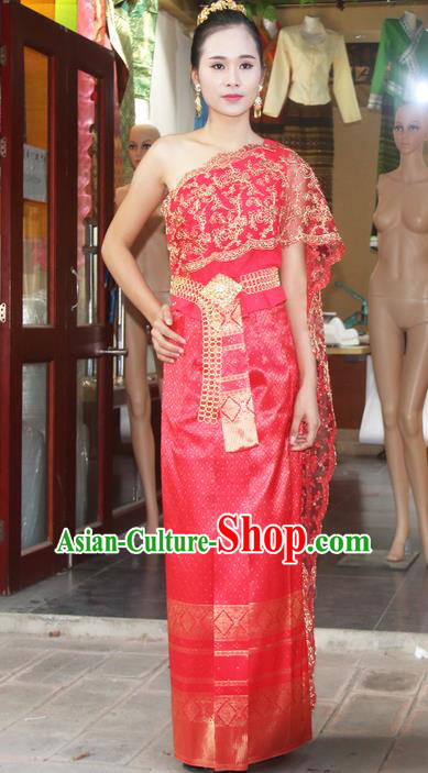 Traditional Thailand Ancient Handmade Costumes, Traditional Thai China Dai Nationality Bride Wedding Red Dress Clothing for Women