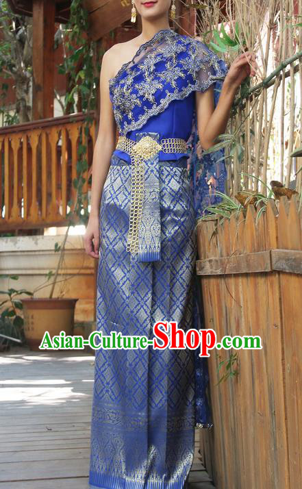 Traditional Thailand Ancient Handmade Costumes, Traditional Thai China Dai Nationality Bride Wedding Blue Dress Clothing for Women