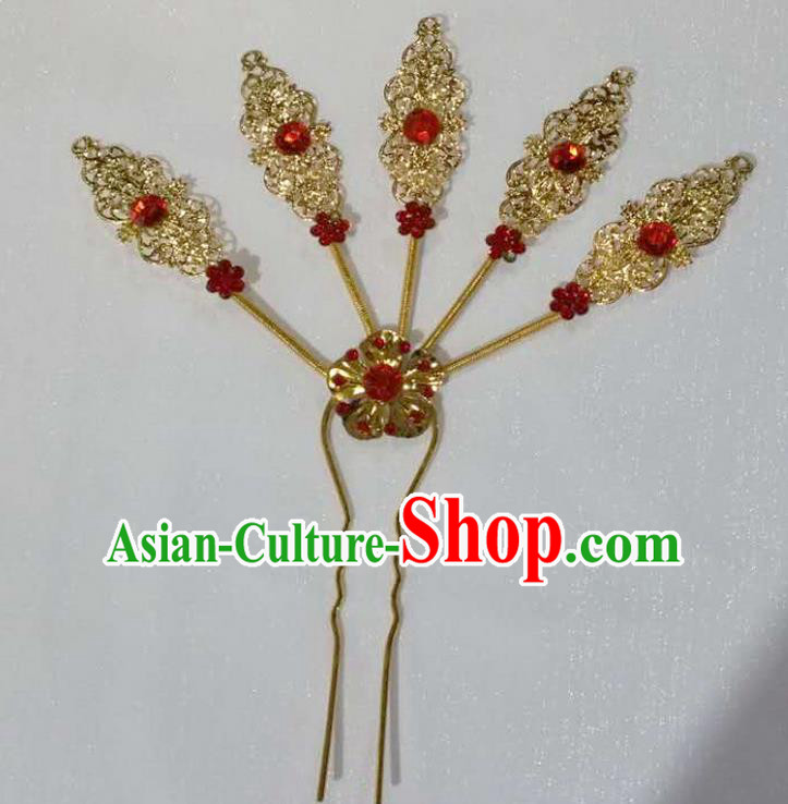 Traditional Thailand Ancient Handmade Hair Accessories Headpiece, Traditional Thai China Dai Nationality Red Crystal Hairpins Headwear for Women