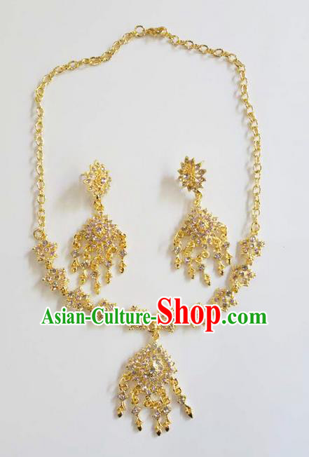 Traditional Thailand Ancient Handmade Accessories Necklace and Earrings, Traditional Thai China Dai Nationality Tassel Crystal Torque Eardrop for Women