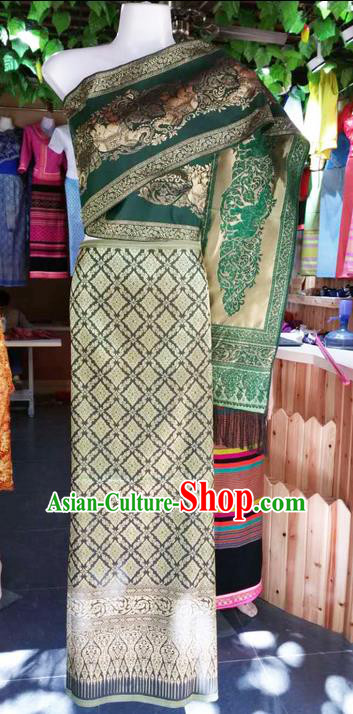 Traditional Thailand Ancient Handmade Young Lady Wedding Costumes, Traditional Thai China Dai Nationality Green Dress Clothing for Women
