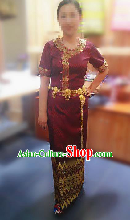 Traditional Thailand Ancient Handmade Female Costumes, Traditional Thai Uniform China Dai Nationality Dark Red Dress Clothing for Women