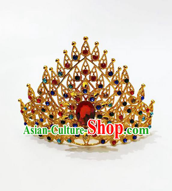 Traditional Thailand Ancient Handmade Hair Accessories, Traditional Thai China Dai Nationality Red Crystal Royal Crown for Women