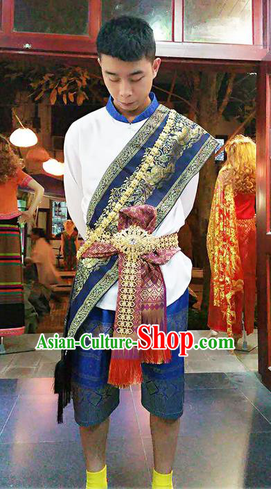 Traditional Thailand Ancient Handmade Male Costumes and Accessories, Traditional Thai Uniform China Dai Nationality Dark Blue Clothing for Men