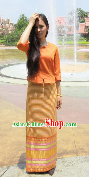 Traditional Thailand Ancient Handmade Female Costumes, Traditional Thai Tight Skirt China Dai Nationality Water-Sprinkling Festival Orange Dress Clothing for Women